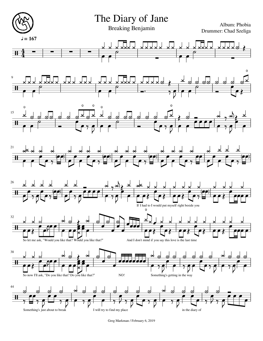 The Diary Of Jane - Breaking Benjamin (167 bpm) Sheet Music for