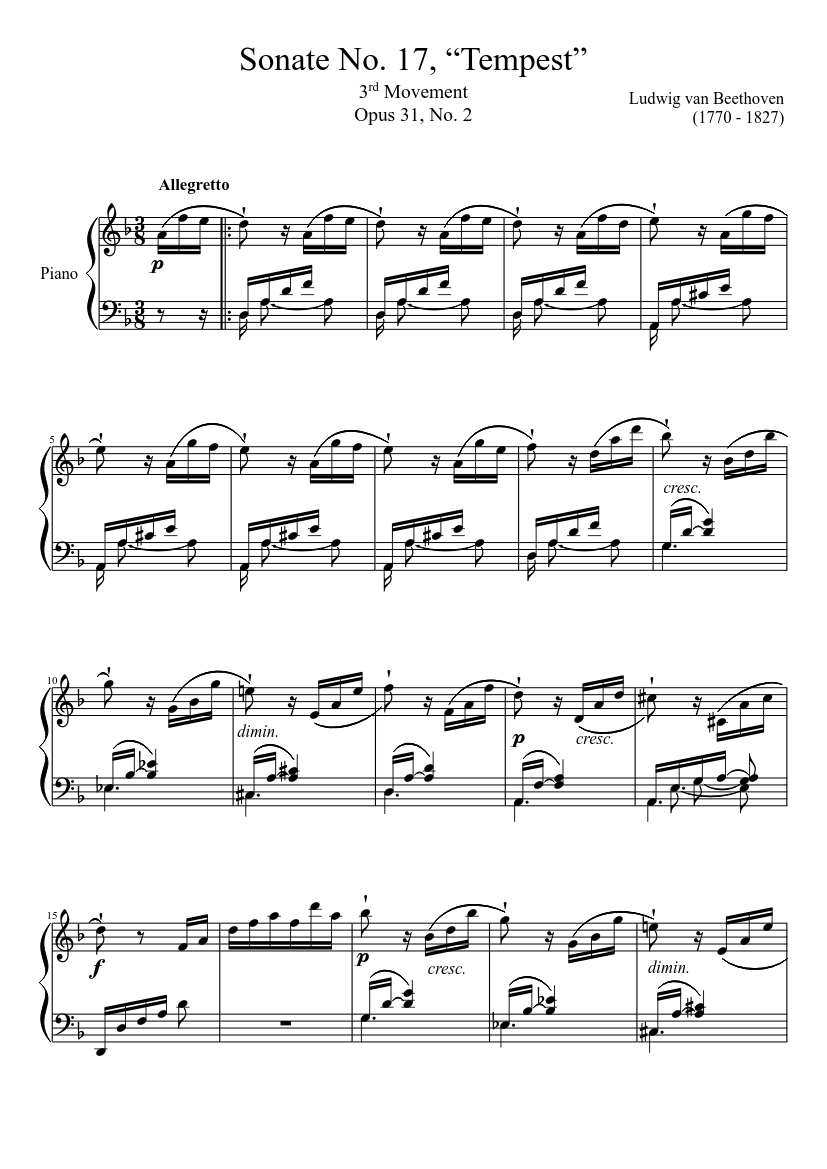 Cuña Culpa Cualquier Sonate No. 17, “Tempest” 3rd Movement Sheet music for Piano (Solo) |  Musescore.com