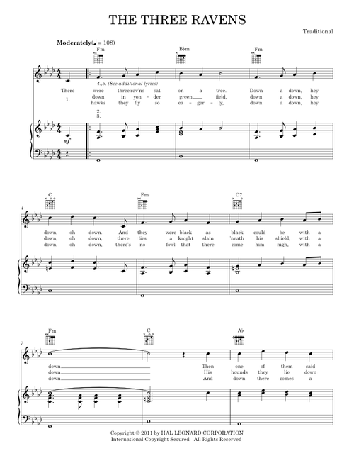 The Three Ravens - Traditional Caribbean (Piano-Vocal-Guitar)