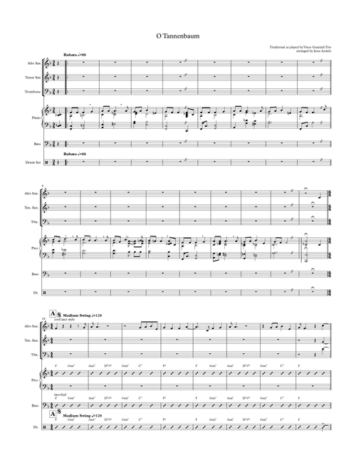 O Tannenbaum ala Guaraldi for jazz combo and 3-piece horn section (Alto Sax, Tenor Sax, Trombone) (Arr. Jesse Audelo) - Traditional as performed by Vince Guaraldi (Jazz Ensemble)