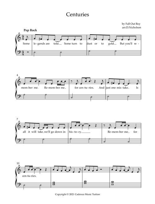 Centuries (Arr. Daniel Nicholson) - Fall Out Boy (Piano Vocal)