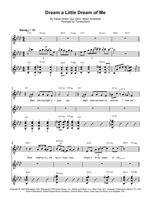 Dream a Little Dream of Me (Arr. Tunescribers) - Fabian Andre, Gus Kahn, Wilbur Schwandt (Piano-Vocal-Guitar)