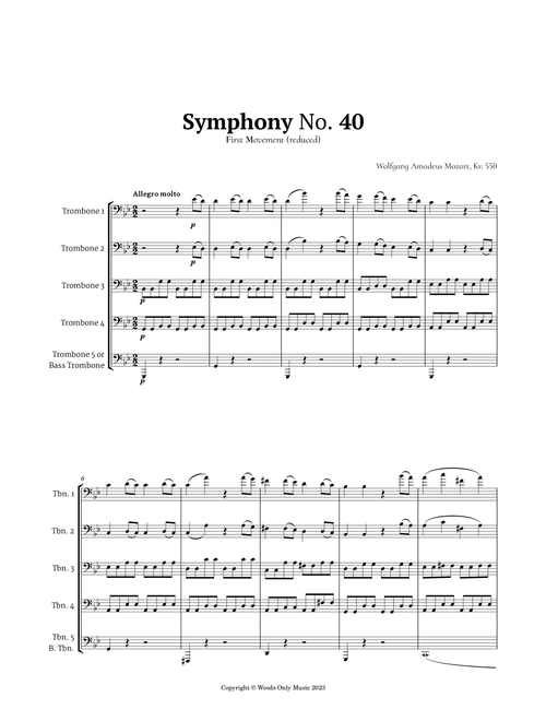 Symphony No. 40 by Mozart for Trombone Quintet (Arr. Ander) (Brass Ensemble)