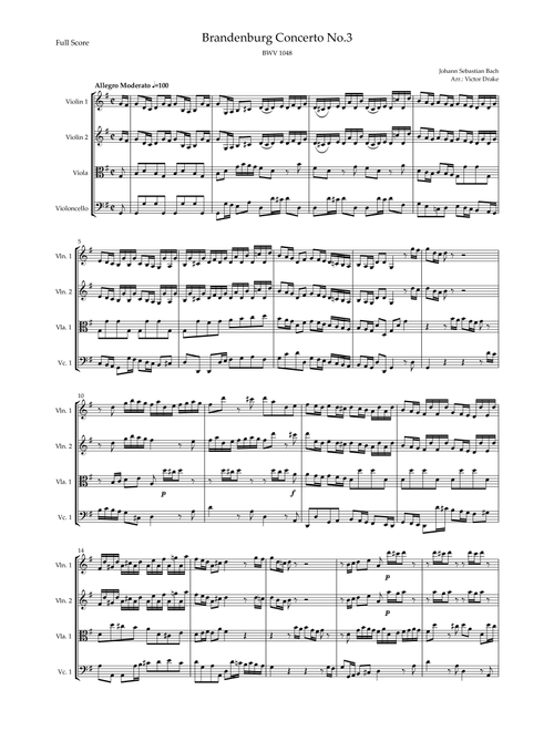 Brandenburg Concerto No. 3 in G major, BWV 1048 1st Mov. (J.S. Bach) for String Quartet (Arr. Victor Drake) - JS Bach (String Quartet)
