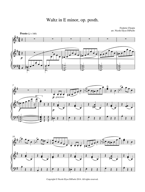 Chopin - Waltz in E minor op. posth. arr. for Piano and Violin, B.56 KK IVa/15 (Arr. Nicole Elyse DiPaolo) - Frédéric Chopin (Violin and Piano)