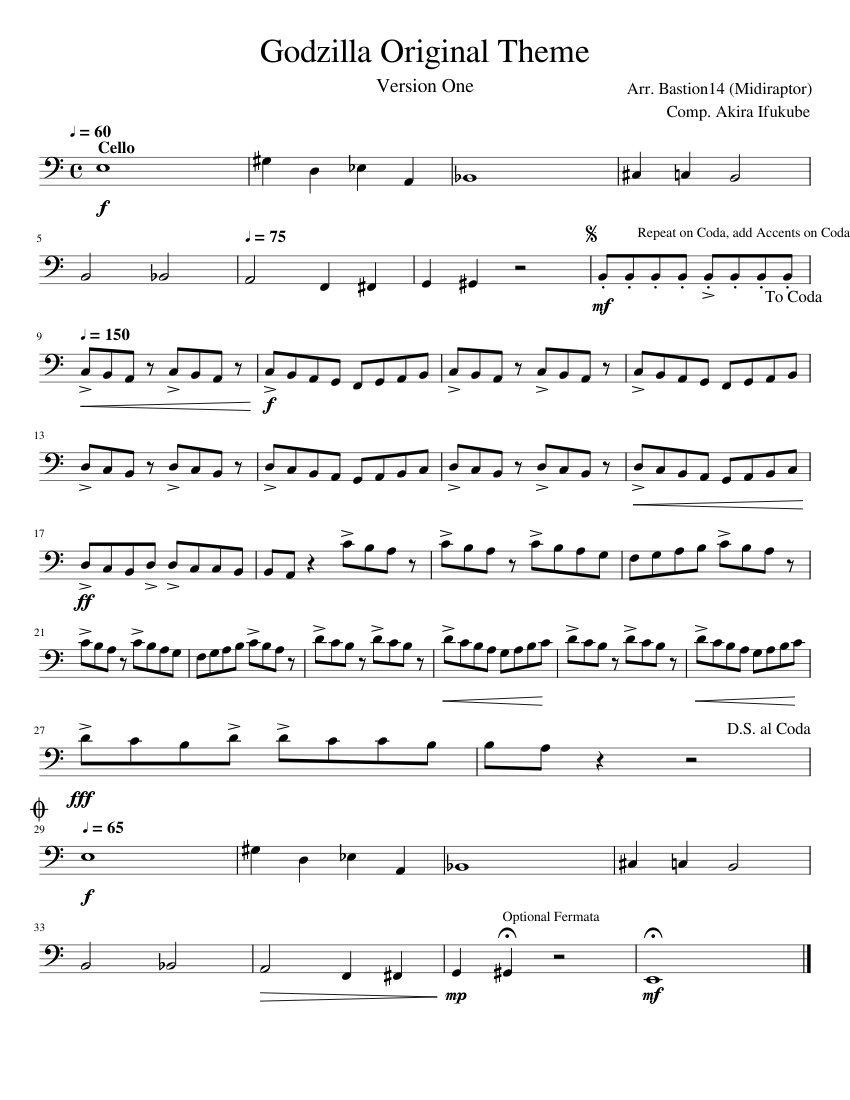 Godzilla Original Theme Cello Solo Sheet music for Cello (Solo