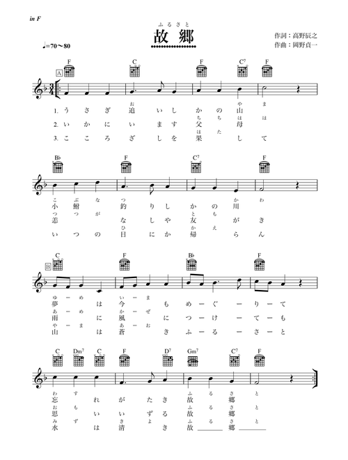 Furusato (nostalgic Japanese song) with Japanese Kanji & Kana Lyrics (Arr. Popnroll 1976) - Tatsuyuki Takano, Teiichi Okano (Guitar Chords-Lyrics)