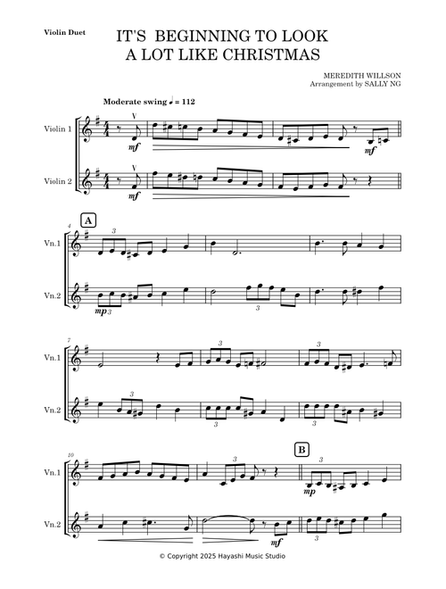 It's Beginning to Look a Lot Like Christmas – Meredith Willson (violin duet arr. SN)