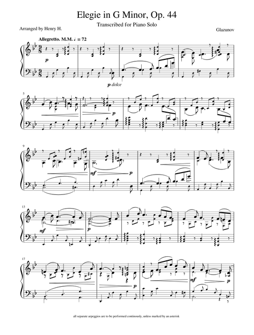 Glazunov Elegia in G Minor, Op. 44 for Viola arranged for Piano Solo