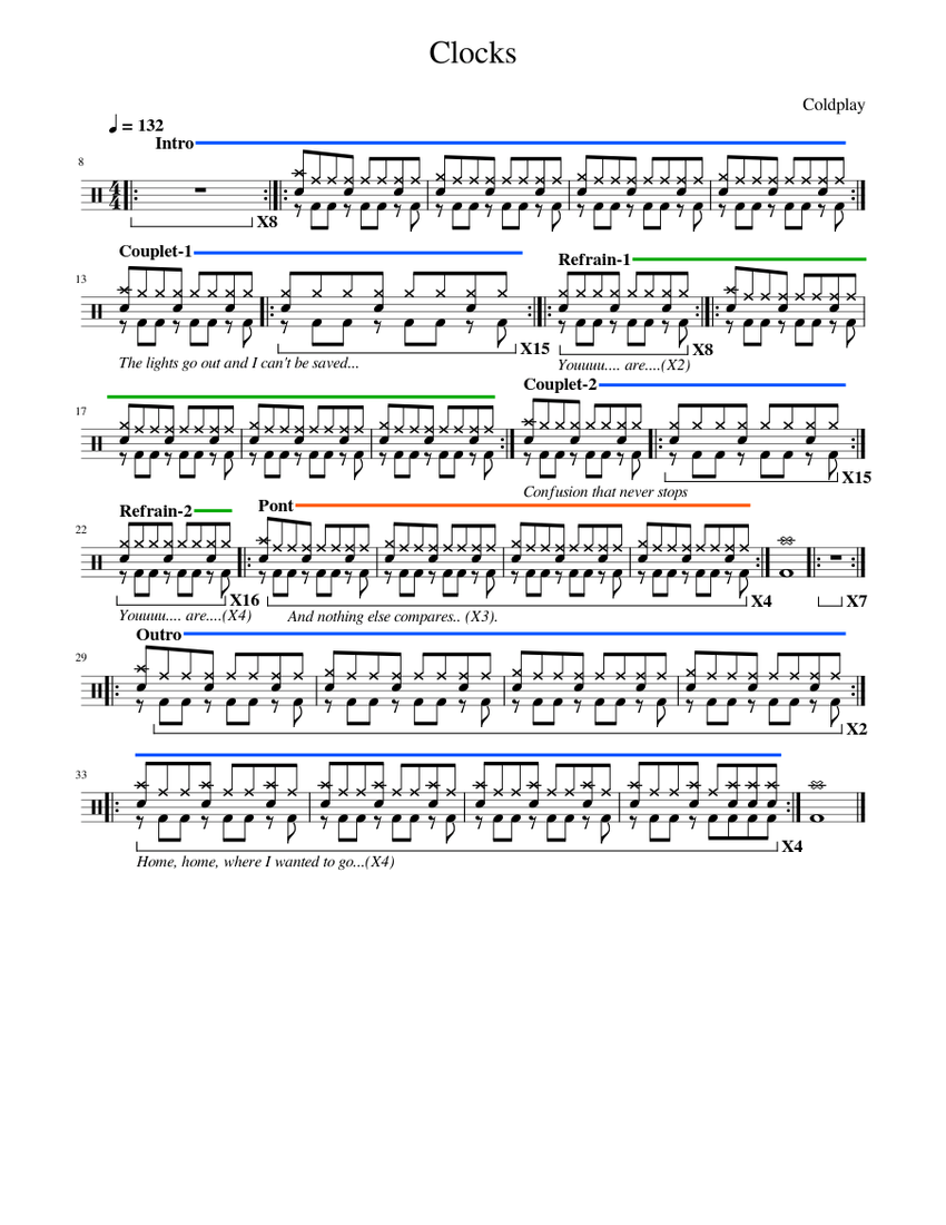 Clocks Coldplay Sheet music for Drum group (Drum Corps (Modern