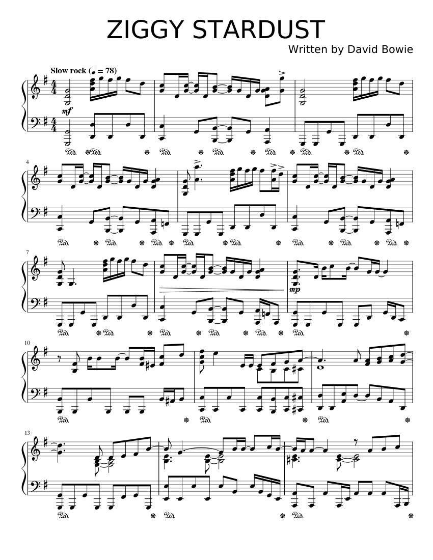 Ziggy Stardust - David Bowie Sheet Music for Piano (Solo