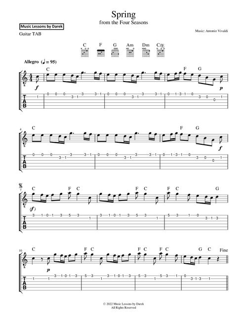 Spring (GUITAR TAB) from the Four Seasons [Antonio Vivaldi] (Arr. Darek) (Easy Guitar with TAB)