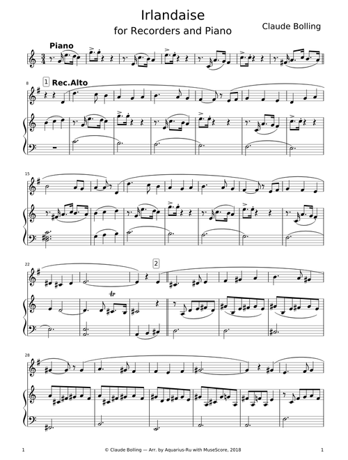 Claude Bolling – «Irlandaise» for Recorders & Piano