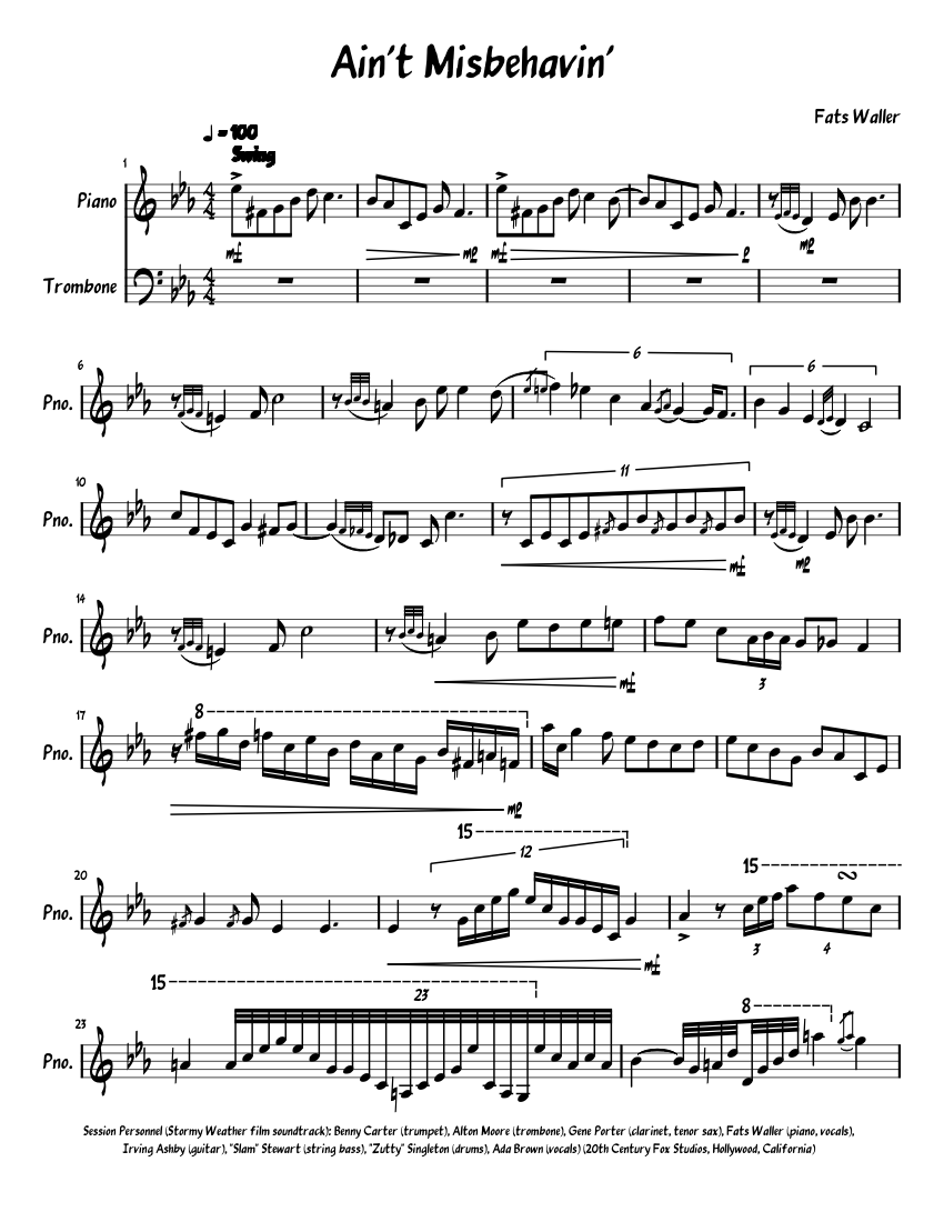 Ain't Misbehavin' (WIP) Sheet Music for Piano, Trombone (Solo
