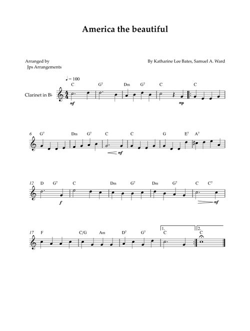 America The Beautiful - Clarinet solo (+ CHORDS) (Arr. Jps Arrangements) - Samuel Ward (Clarinet Solo)