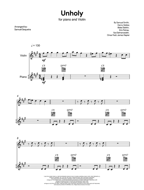 Unholy (Arr. Samuel Sequeira) - Sam Smith Feat. Kim Petras (Violin and Piano)