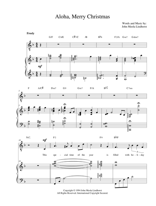 Aloha, Merry Christmas (Arr. John Meola Lindhorst) (Piano-Vocal-Guitar (Piano Accompaniment))