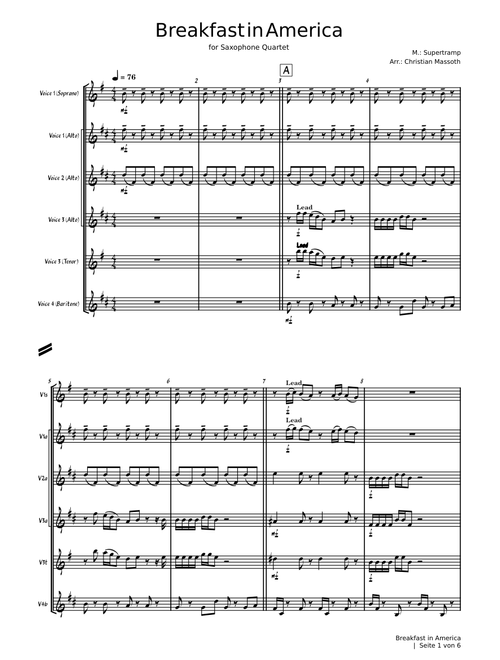 Breakfast in america – Supertramp - for Saxophone Quartet
