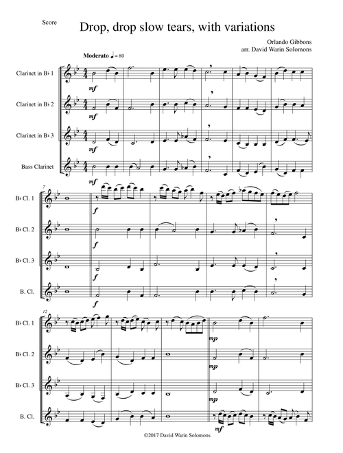 Drop, drop slow tears, with variations, for clarinet quartet (Arr. David Warin Solomons) - Orlando Gibbons (Woodwind Ensemble)