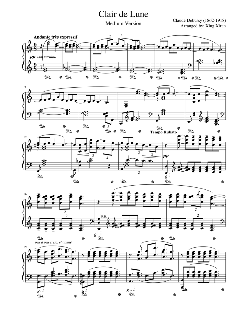 Clair de Lune (Medium Version) for Piano Solo by Claude Debussy Sheet