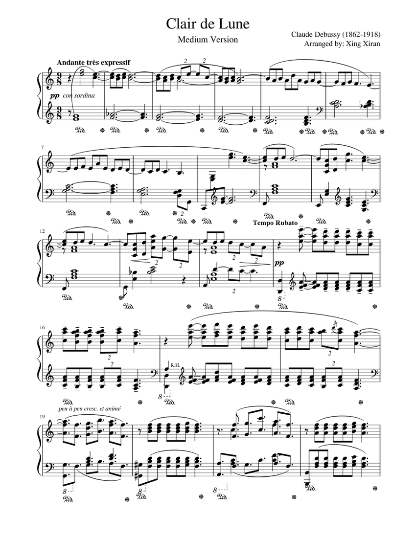 Continuo atributo Fraude Clair de Lune (Medium Version) for Piano Solo by Claude Debussy Sheet music  for Piano (Solo) | Musescore.com