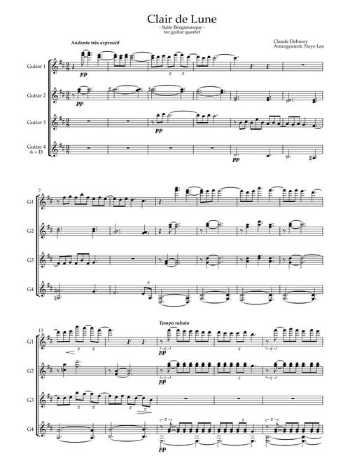 Clair de Lune for Guitar Quartet (Arr. Naye Lee) - Claude Debussy (Guitar Ensemble)