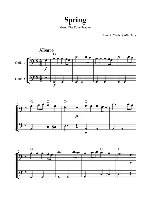 Spring from 'The Four Seasons' by Vivaldi - Easy Cello Duet with Chords (Arr. Gisele Sant'Ana) - Antonio Vivaldi (Cello Duet)