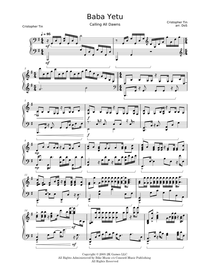 Baba Yetu Christopher Tin for Piano Sheet music for Piano (Solo