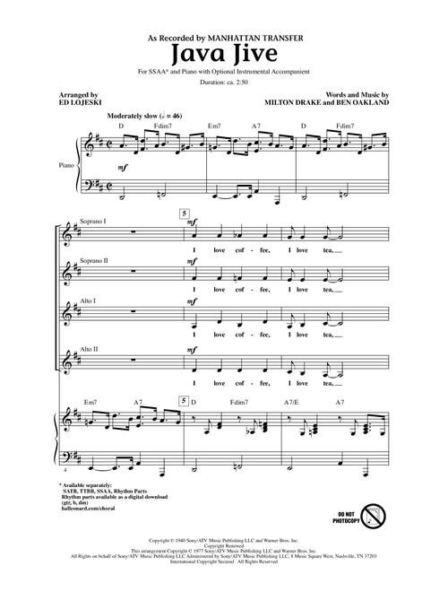 Java Jive (arr. Ed Lojeski) - Manhattan Transfer (Choral, SSAA)