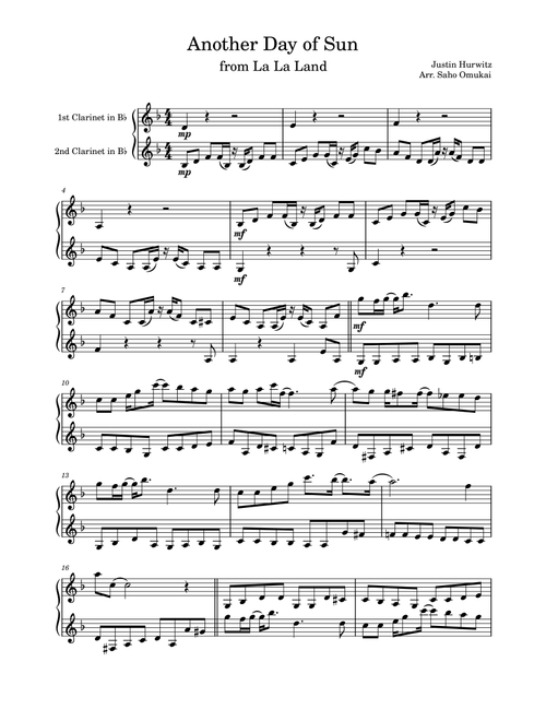 Another Day Of Sun (Arr. Saho Omukai) - Justin Hurwitz, Benj Pasek, Justin Paul (Clarinet Duet)