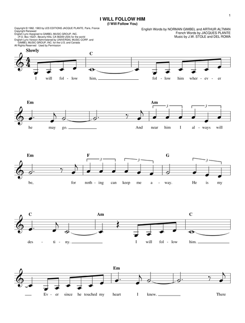 I Will Follow Him (I Will Follow You) - Little Peggy March (Easy Lead Sheet - Fake Book)
