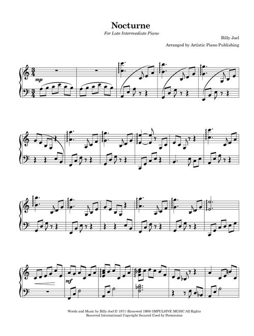 Nocturne (Arr. Artistic Piano Publishing) - Billy Joel (Piano Solo)