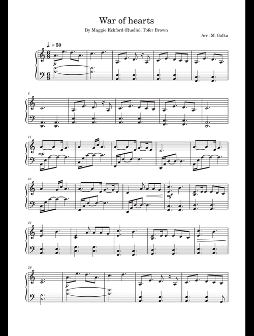 War Of Hearts (Arr. Magdalena Galka) - Maggie Eckford, Tofer Brown (Piano Solo)