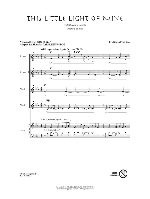 This Little Light Of Mine (arr. Moses Hogan) (Ed. Kathleen Rodde) - African-American Spiritual (Choral, SSA)
