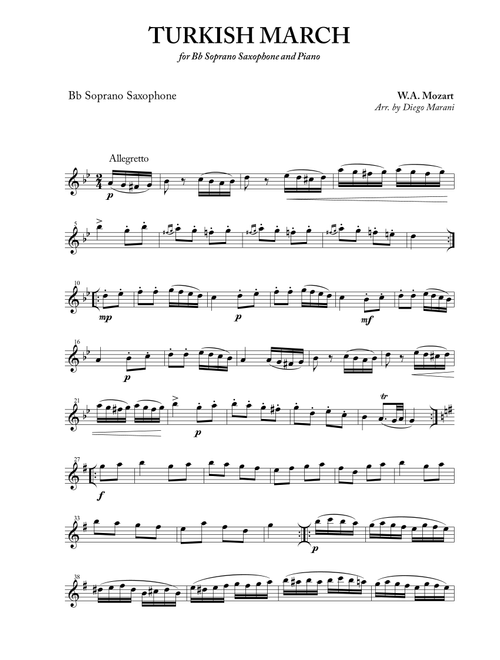 Turkish March for Soprano Saxophone and Piano (Arr. Diego Marani) - Wolfgang Amadeus Mozart (Soprano Sax and Piano)