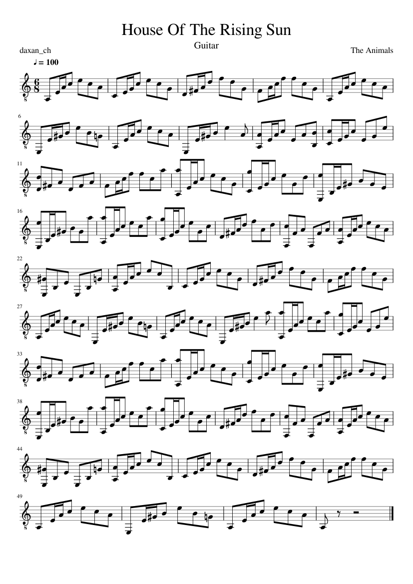 House Of The Rising Sun Sheet music for Guitar (Solo) 