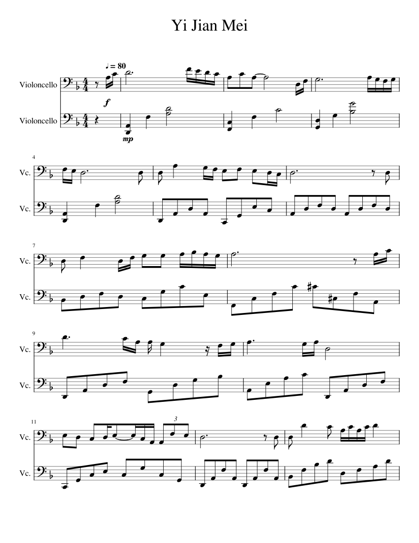 Yi Jian Mei (for two cellos) Sheet music for Cello (String Duet) |  Musescore.com