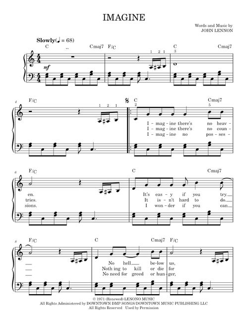 Imagine - Glee TV Series, John Lennon (Easy Piano)
