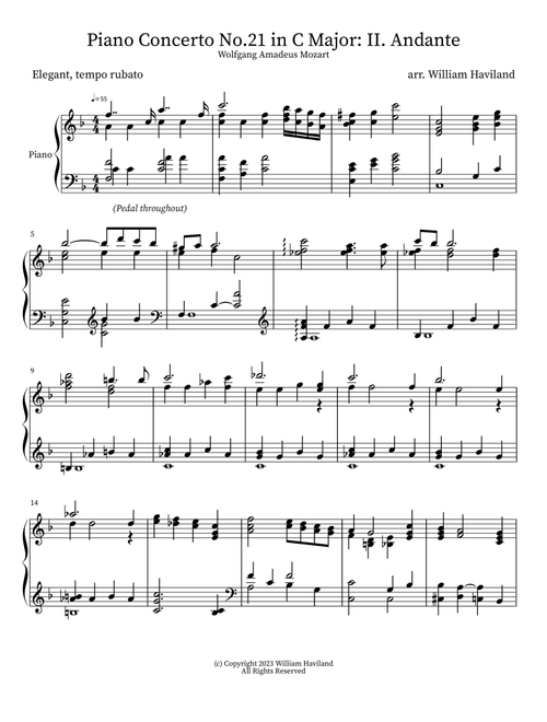Piano Concerto No.21 in C Major K.467: II. Andante (arr. for solo piano) (Arr. William Haviland) (Piano Solo)