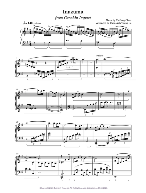 Inazuma Main Theme Song from Genshin Impact - Yu-Peng Chen - Faithful Arrangement for Solo Piano