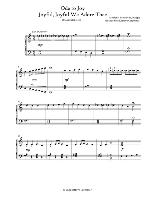 Ode to Joy (Classical & Jazz) (Arr. Kathryn Carpenter) - van Dyke, Beethoven, Hodges (Piano Solo)