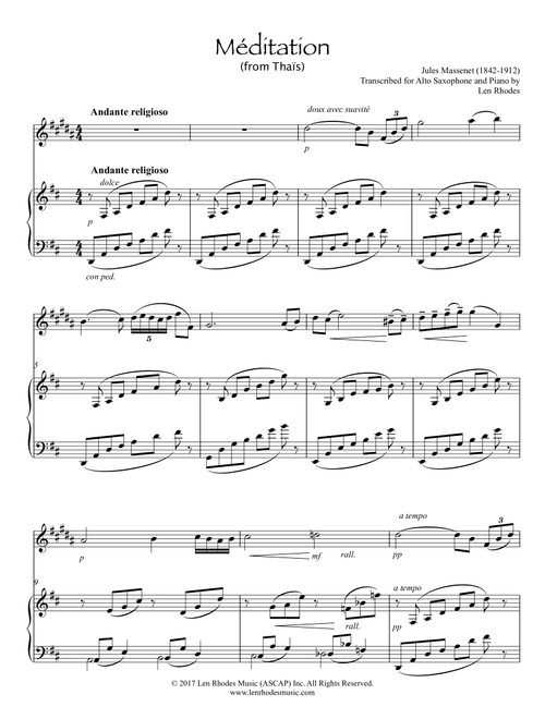 Méditation from 'Thaïs' by Jules Massenet, for Alto Saxophone and Piano (Arr. Len Rhodes) (Alto Sax and Piano)