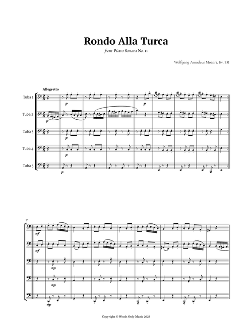 Rondo Alla Turca by Mozart for Tuba Quintet (Arr. Ander) (Brass Ensemble)