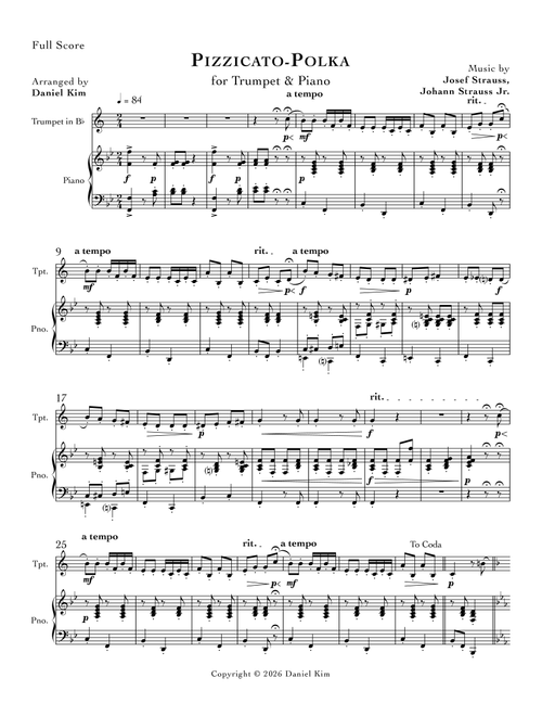 Pizzicato-Polka (Trumpet & Piano) (Arr. Daniel Kim) - Johann Strauss Jr, Josef Strauss (Trumpet and Piano)
