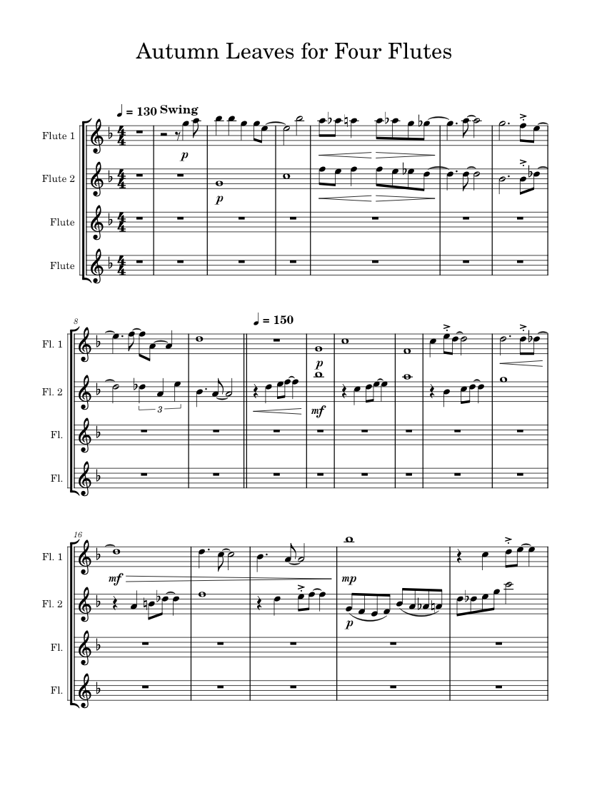 Custom Flute Instruments Leaves Autumn Leaves for Four Flutes Sheet music for Flute (Mixed Duet ...