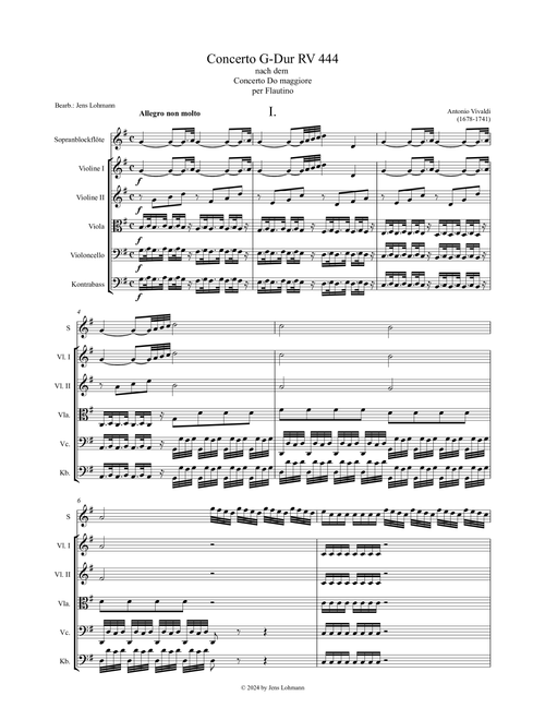 Concerto G-Dur RV 444 - nach dem Concerto Do maggiore per Flautino (Arr. Jens Lohmann) - Antonio Vivaldi (1678-1741) (Small Ensemble)