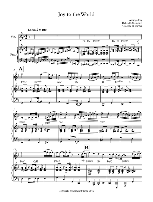 Joy to the World for Violin Solo with Piano Accompaniment (Latin, Jazz) (Arr. Debra E. Stempien, Gregory H. Turner) - Traditional (Violin and Piano)