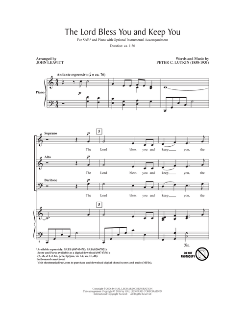 The Lord Bless You And Keep You (arr. John Leavitt) - Peter C Lutkin (Choral, SAB)