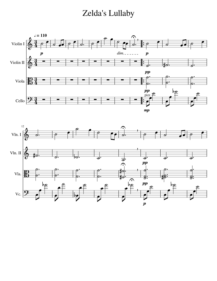 Zelda's Lullaby Sheet Music for Violin, Viola, Cello (String Quartet ...
