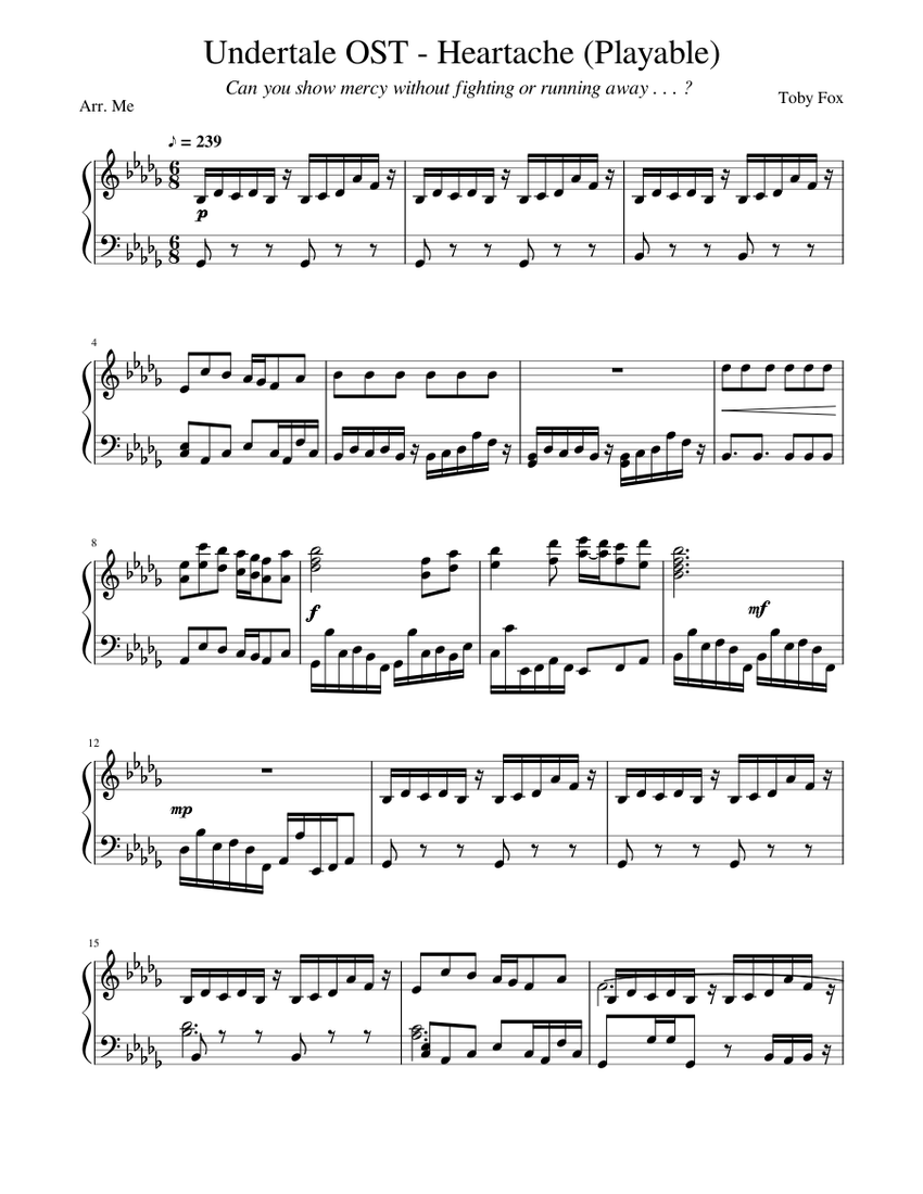 Undertale OST - Heartache Sheet Music for Piano (Solo